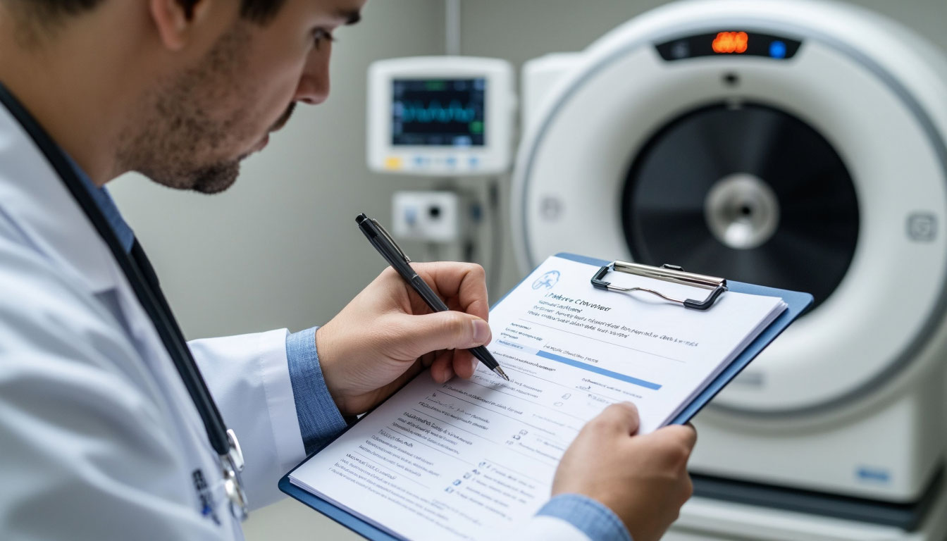 Врач заполняет документы перед КТ.