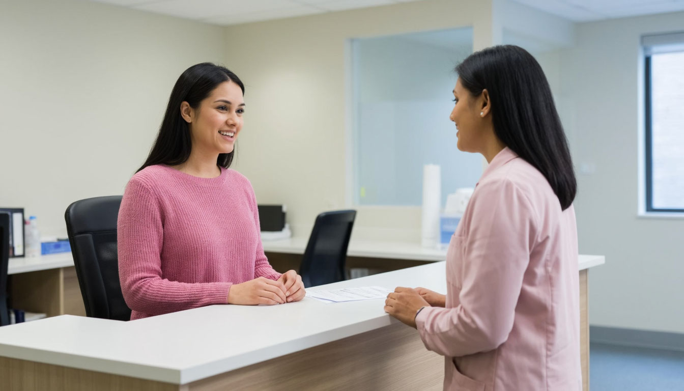 Пациентка общается с администратором клиники.