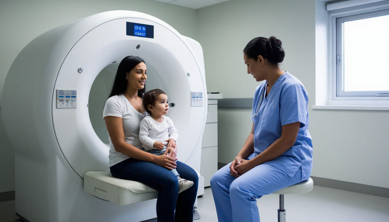 Мама с ребенком перед МРТ.