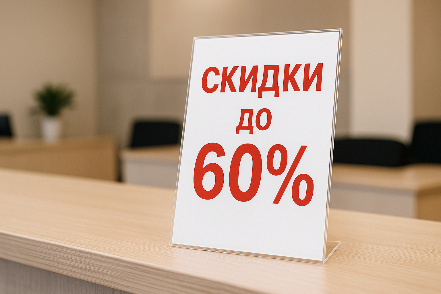 Объявление о скидках до 60% на стойке администратора.
