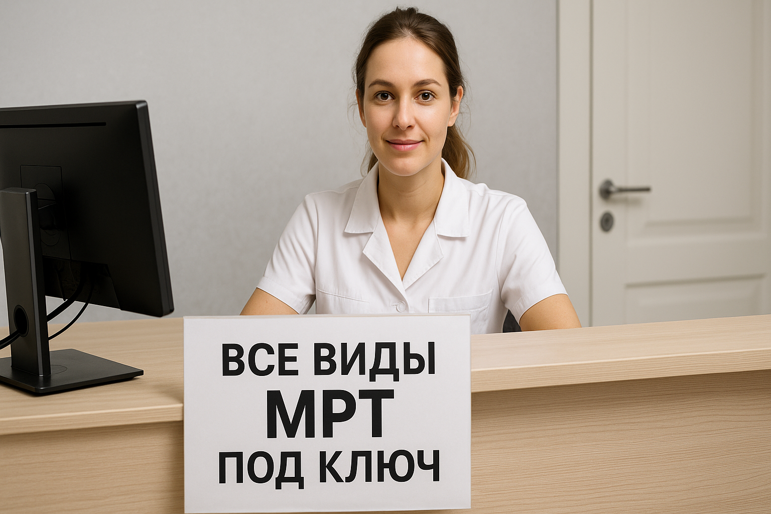 Объявление на стойке администратора "Все виды МРТ под ключ".