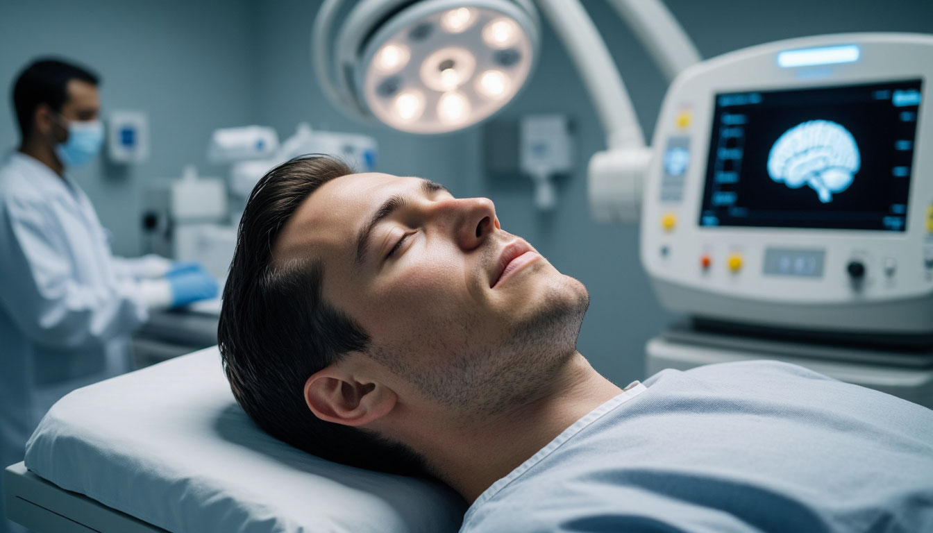 Мужчина готовится к КТ головы.