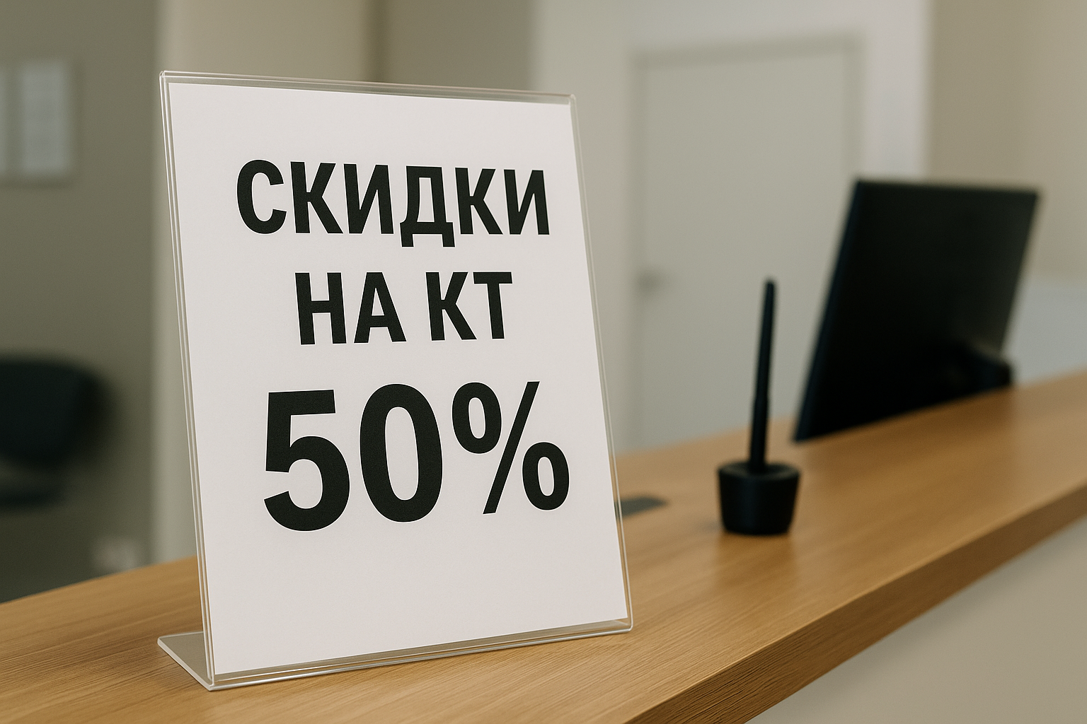 Объявление о скидках на КТ 50%.