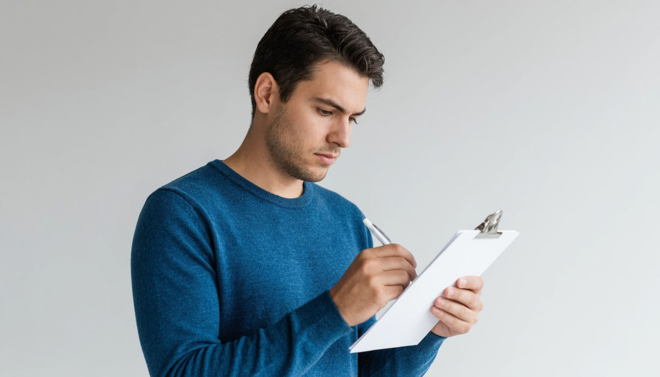 Мужчина делает записи на планшете.