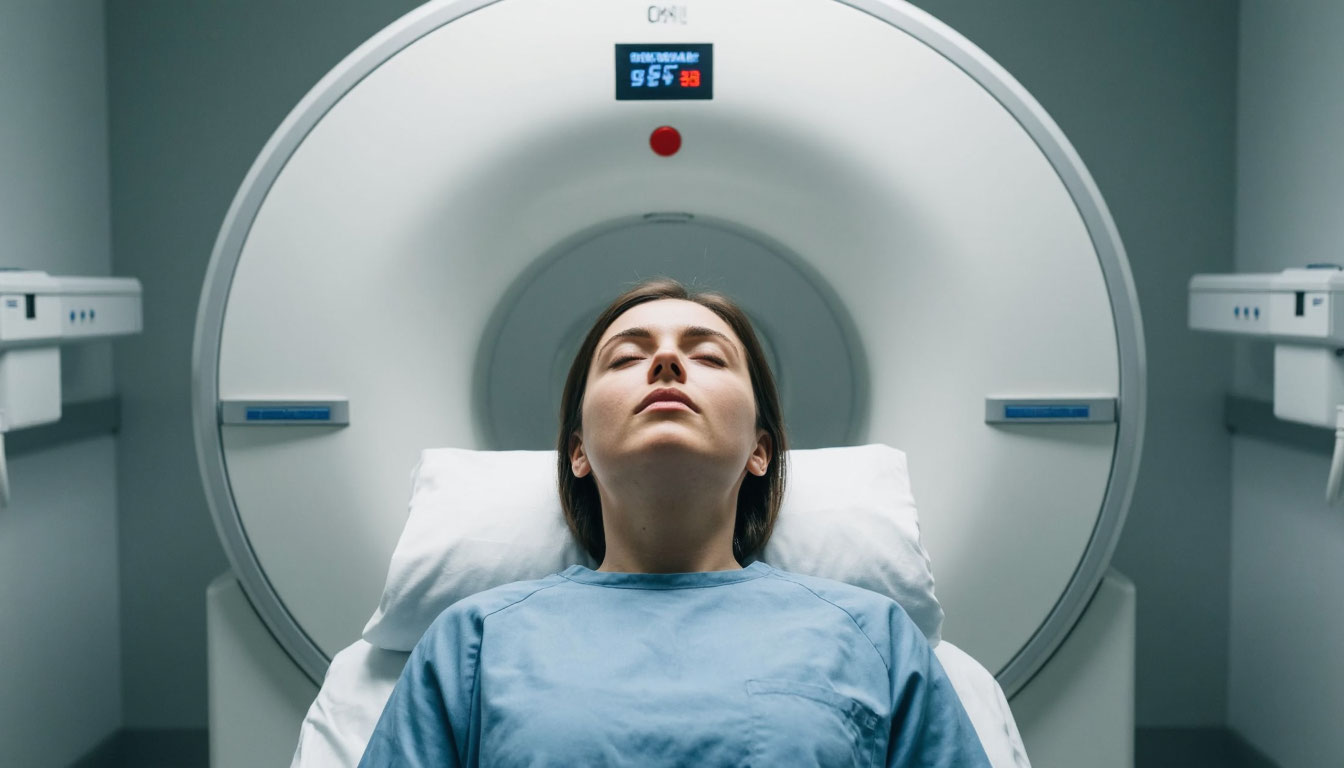 Спящая пациентка перед проведением МРТ.