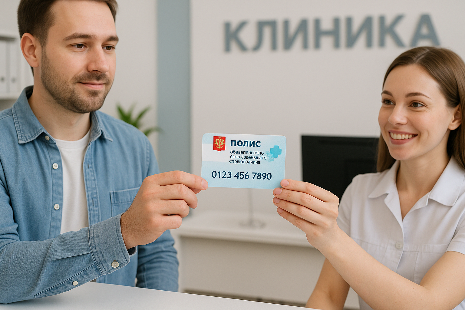 Пациент подает администратору клиники полис ОМС.