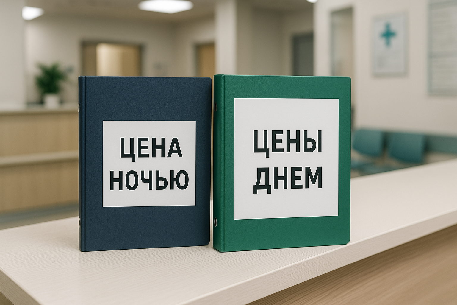 Папки с ночными и дневными прайсами на стойке администратора клиники.