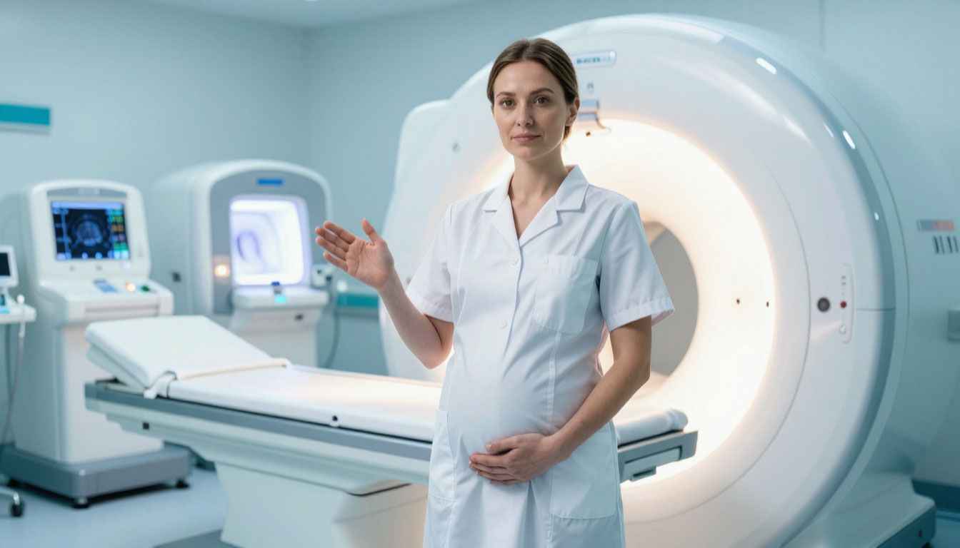 Беременная женщина на фоне аппарата МРТ.