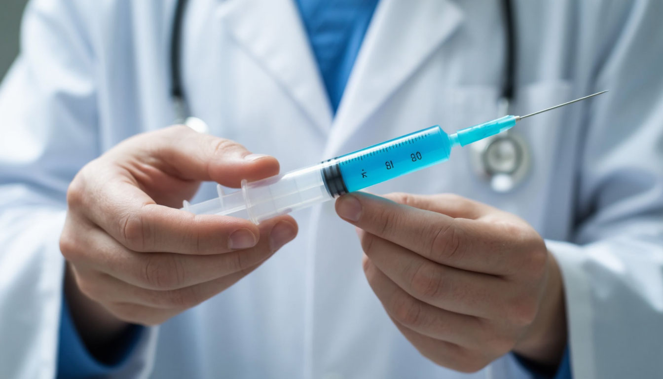 Наполненный шприц в руках врача.