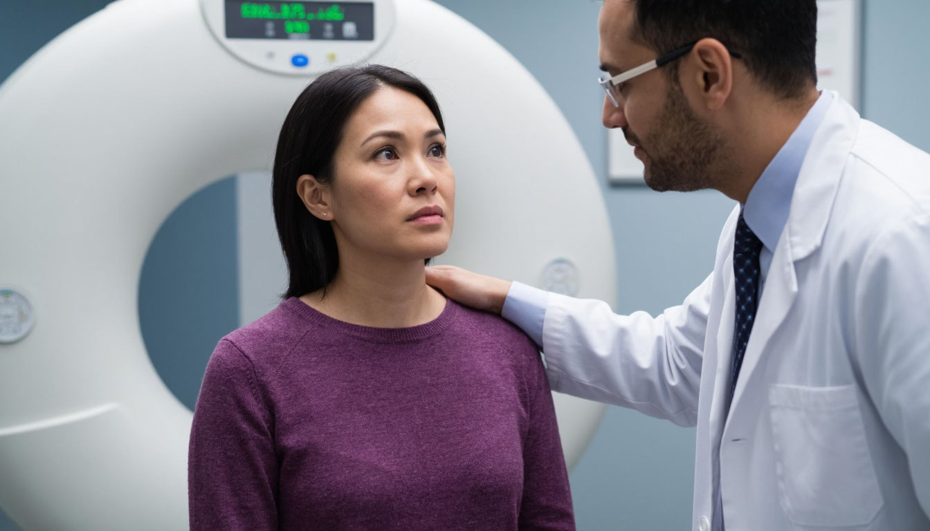 Врач успокаивает пациентку перед КТ.