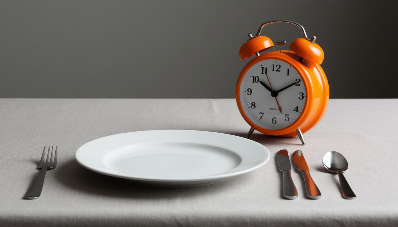 Пустая тарелка и будильник на столе.