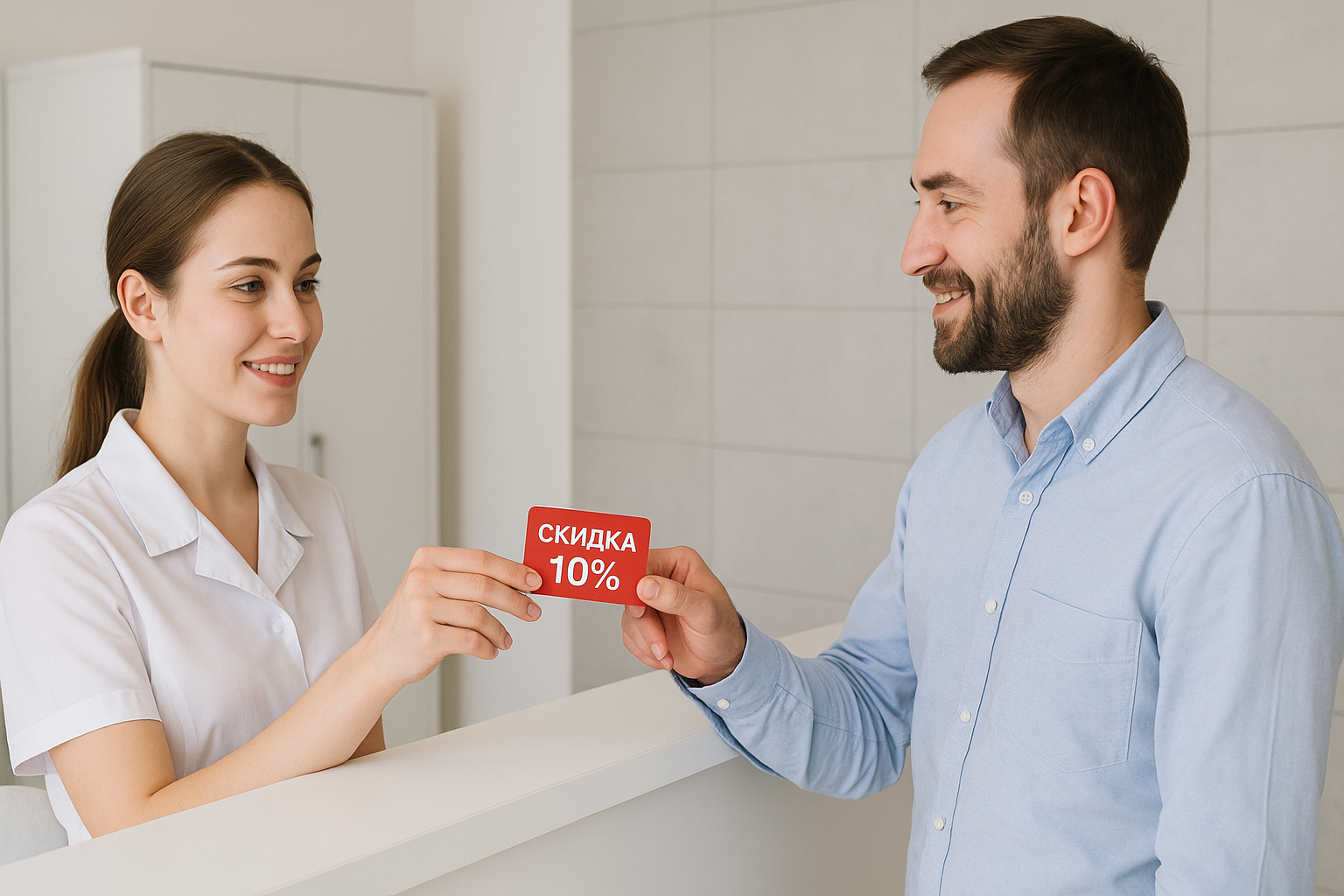 Администратор клиники дает пациенту карточку со скидкой 10%.