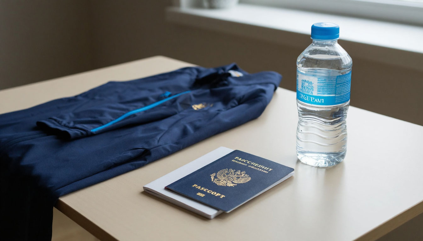 Паспорт, спортивный костюм, бутылка воды на столе.