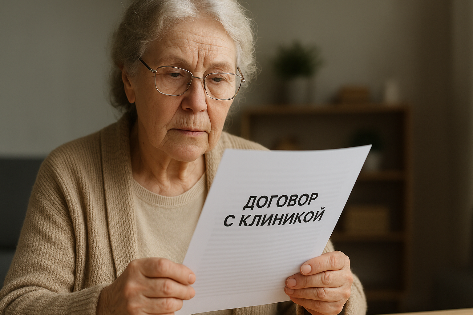 Пожилая женщина читает договор с клиникой.