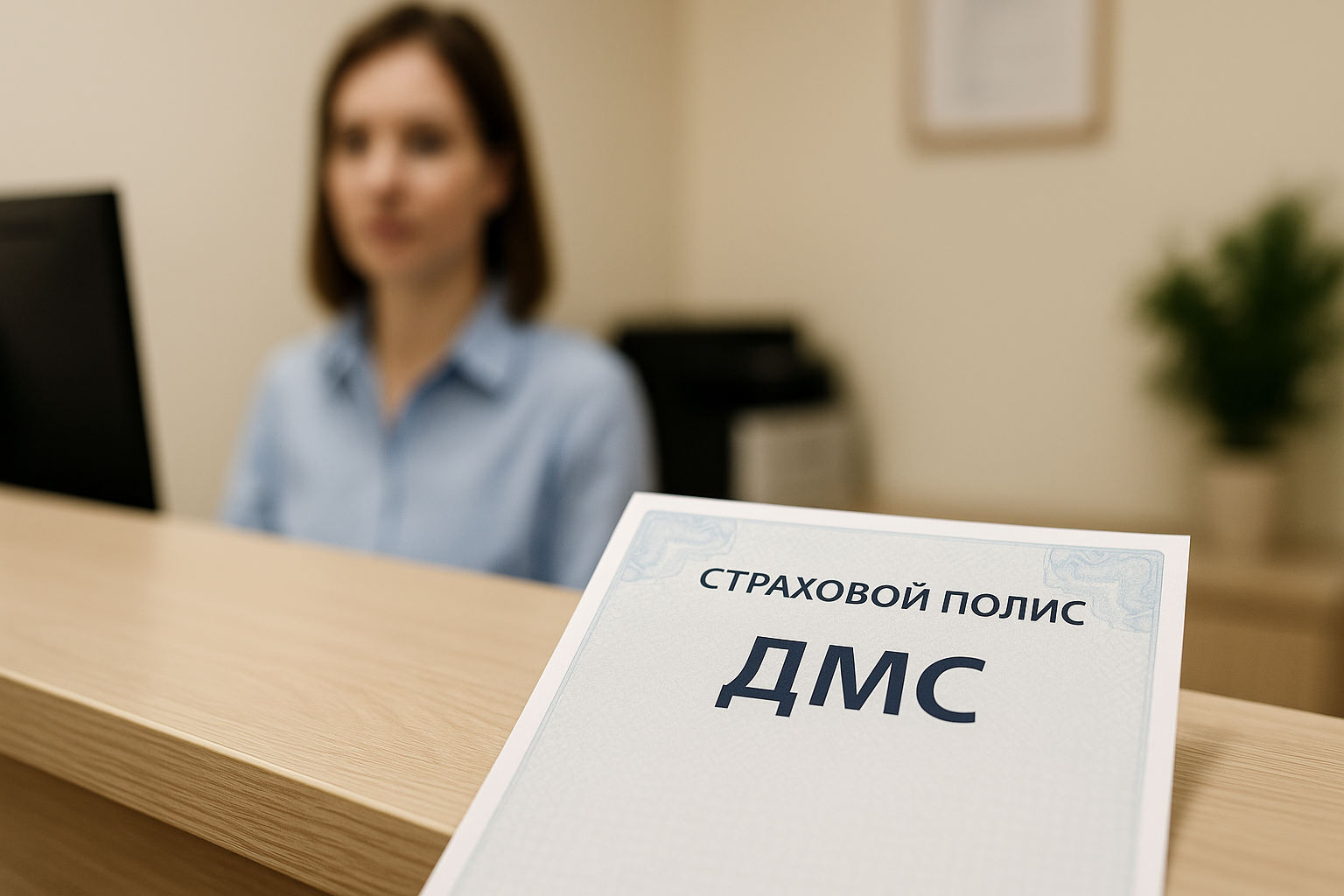 Страховой полис ДМС на стойке администратора.