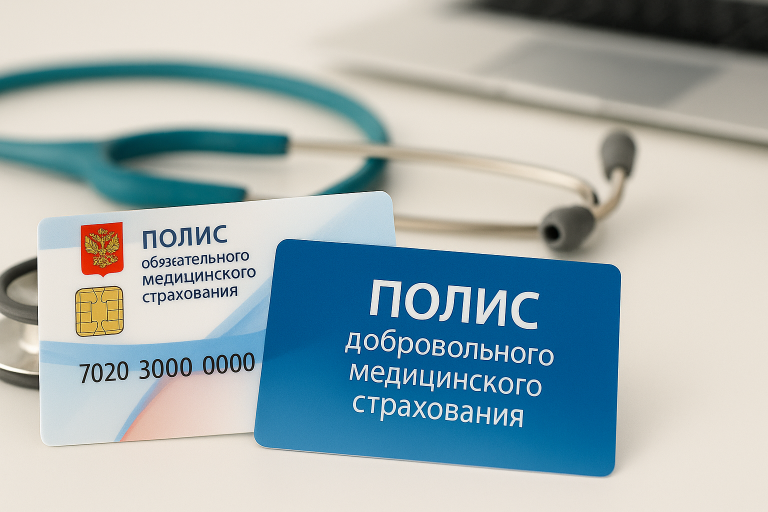 Полис ОМС и ДМС на столе врача.