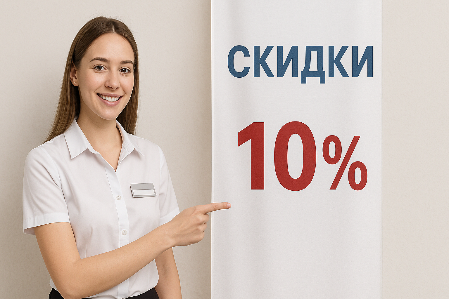 Администратор показывает на баннер со скидками.