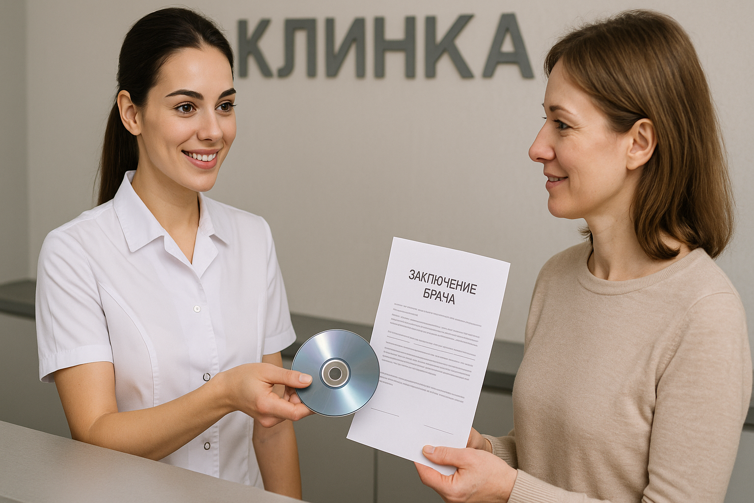 Администратор выдает пациентке CD-диск и заключение врача.