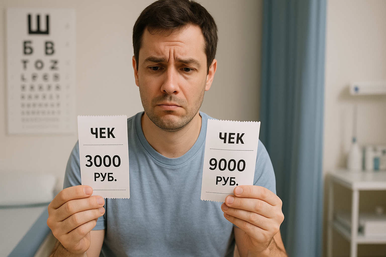 Два чека в руках пациента - на 3000 и 9000 рублей.