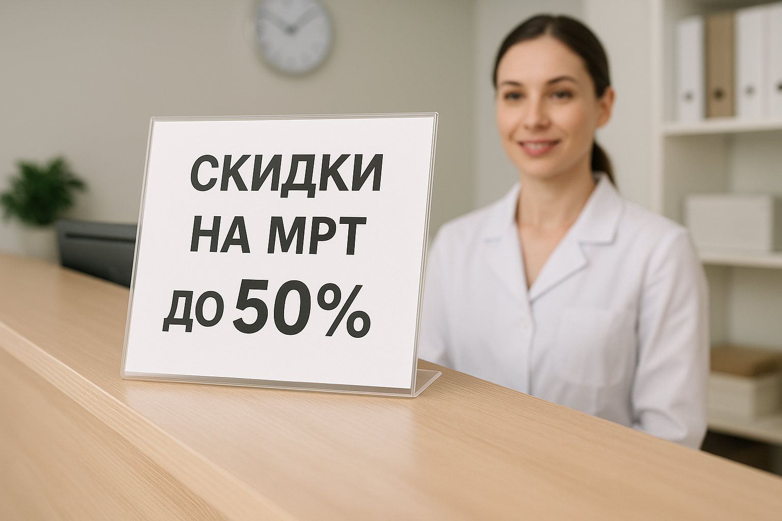 Объявление о скидках на МРТ до 50% на стойке администратора.