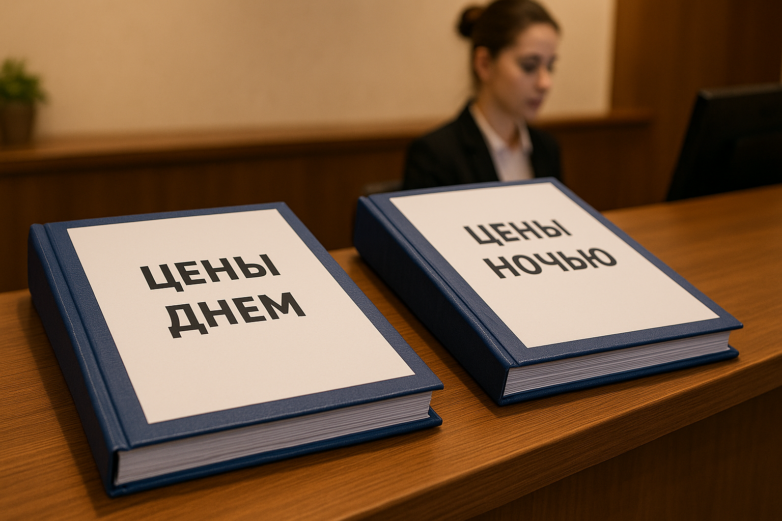 Две папки на стойке администратора с ценами днем и ночью.