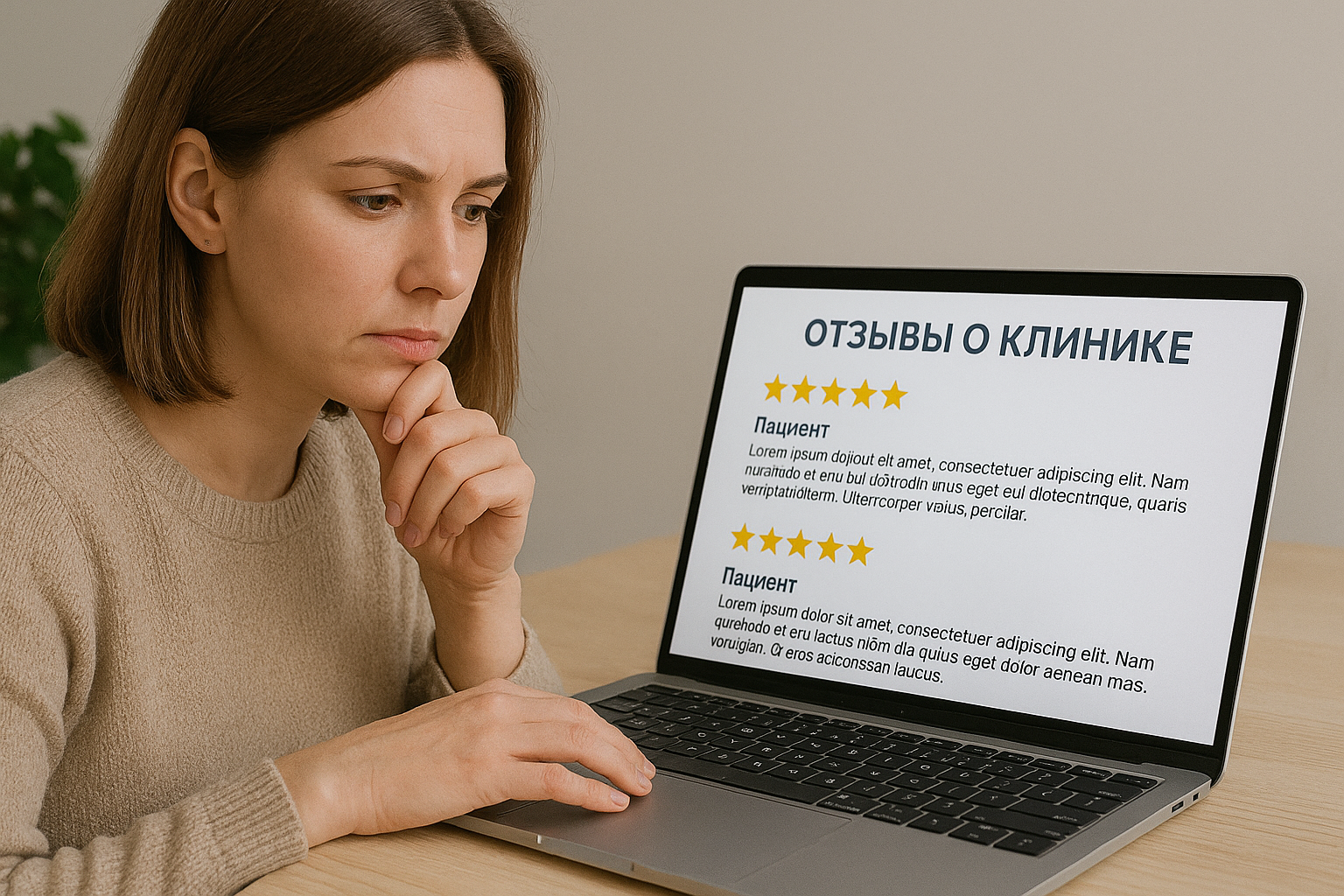 Женщина читает отзывы о клинике на ноутбуке.