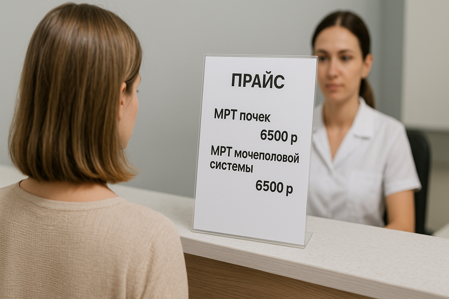 Пациентка читает прайс на МРТ почек и мочеполовой системы.
