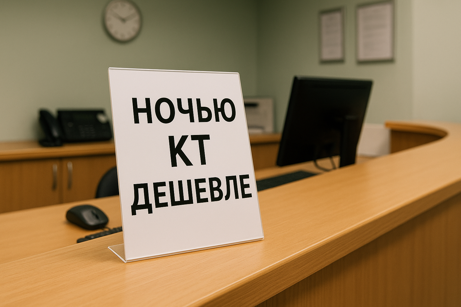 Объявление на стойке администратора о ночных скидках на КТ.