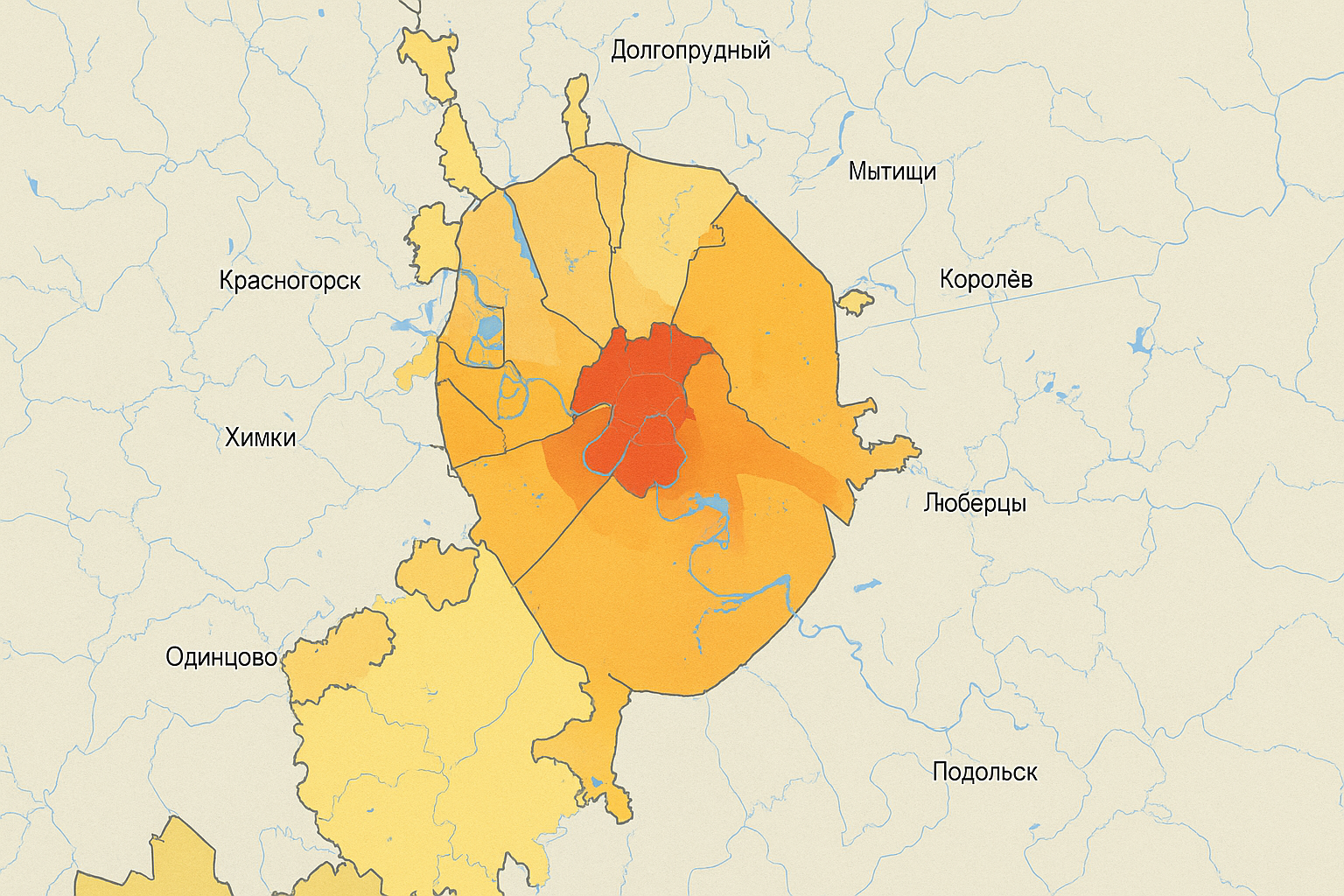 Районы Москвы и МО, выделенные разным цветом.