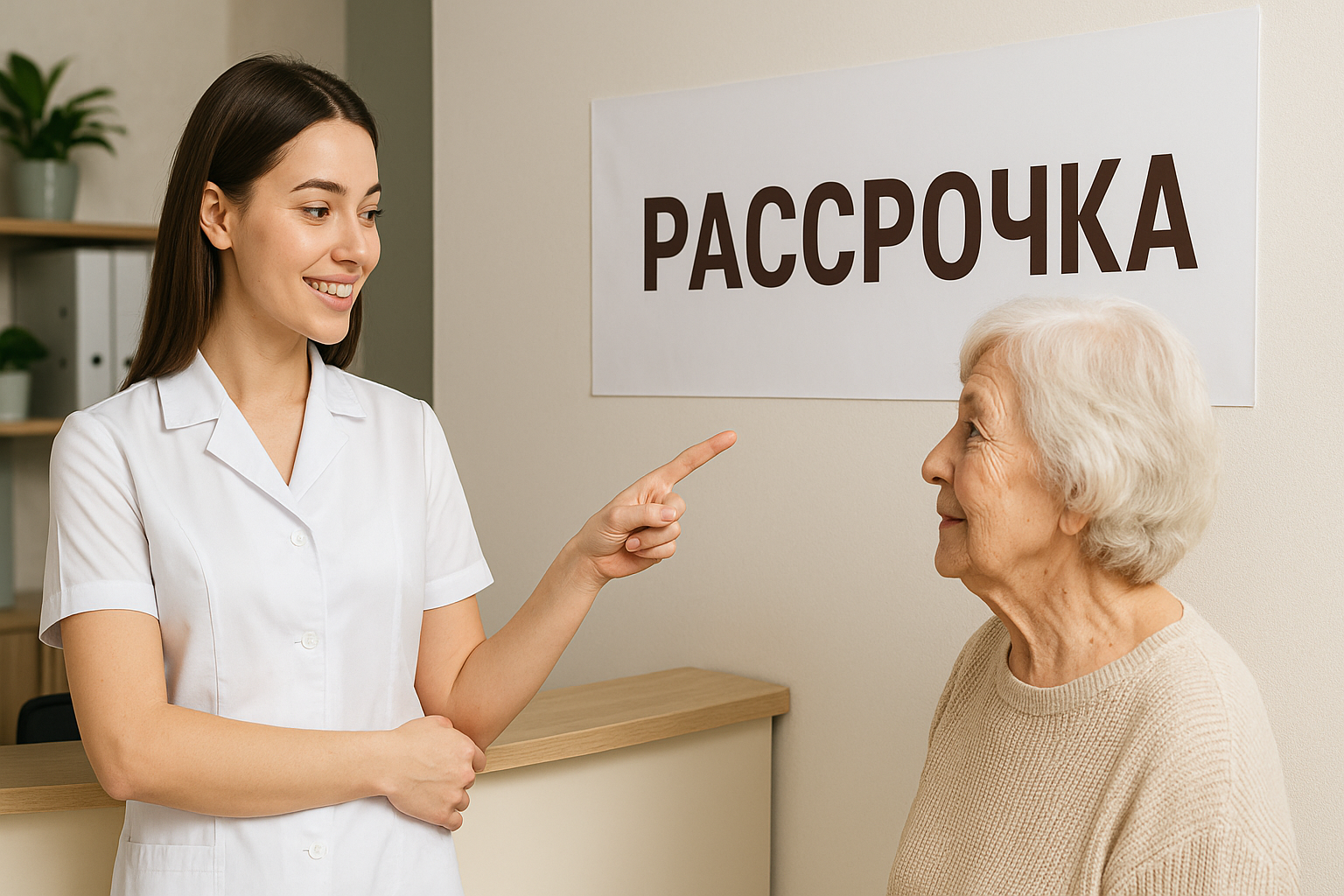 Администратор указывает пожилой пациентке на баннер с рассрочкой.
