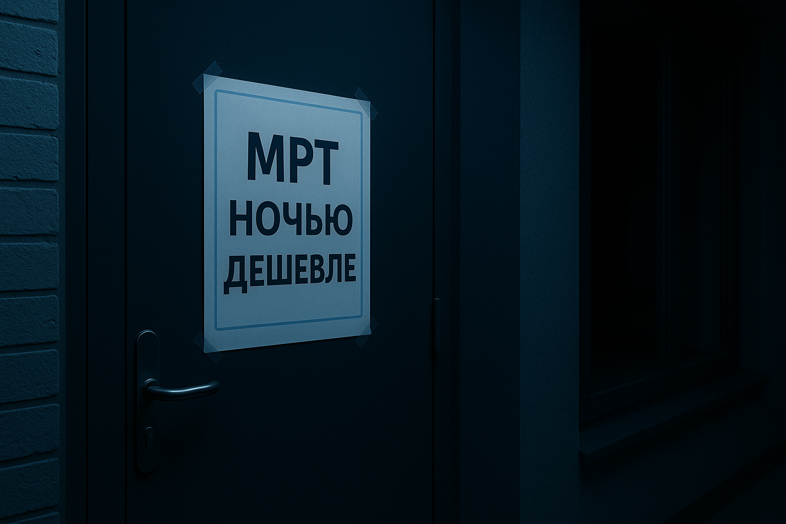 Надпись на двери клиники "МРТ ночью дешевле".