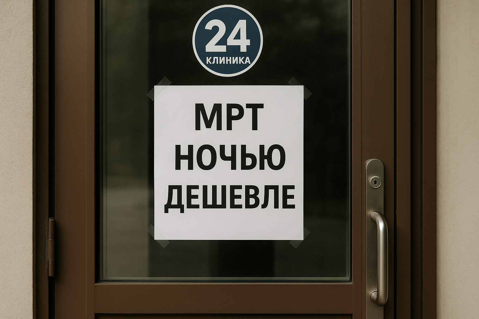 Объявление на двери клиники "МРТ ночью дешевле".