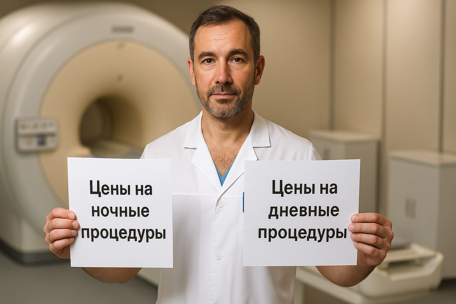 Врач МРТ держит два прайса с ценами на ночные и дневные процедуры.