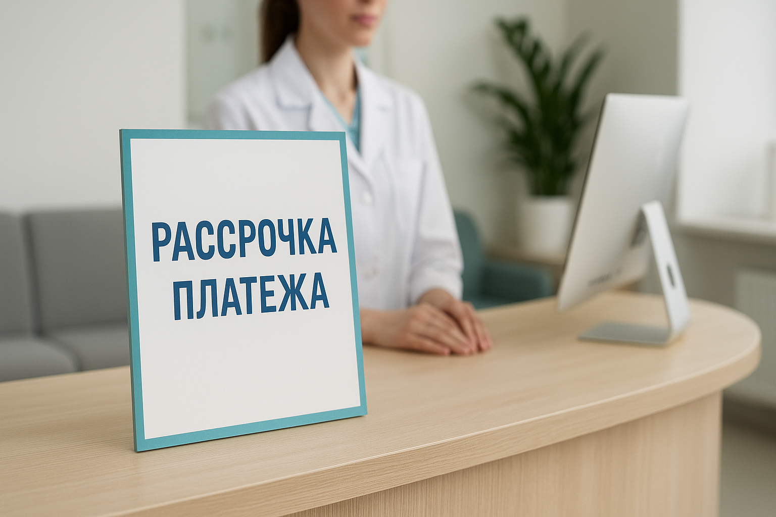 Баннер с рассрочкой платежа на стойке администратора.