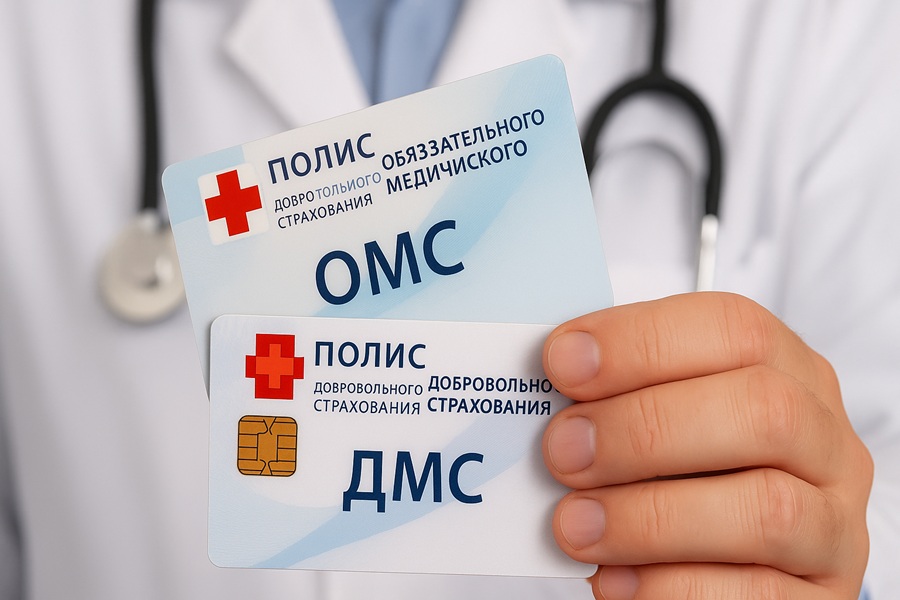 Полис ОМС и ДМС в руке врача.