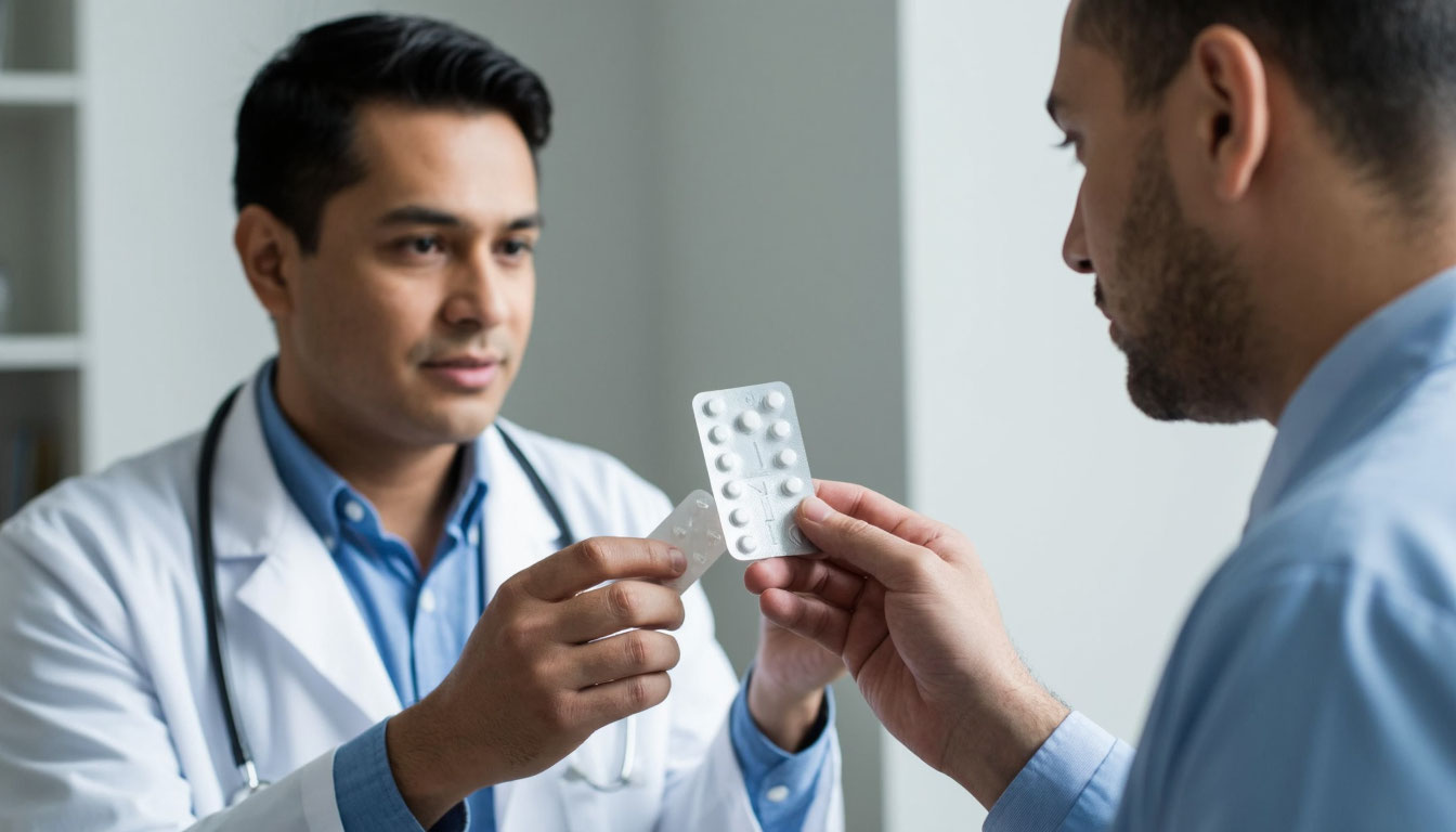 Врач дает таблетки пациенту.