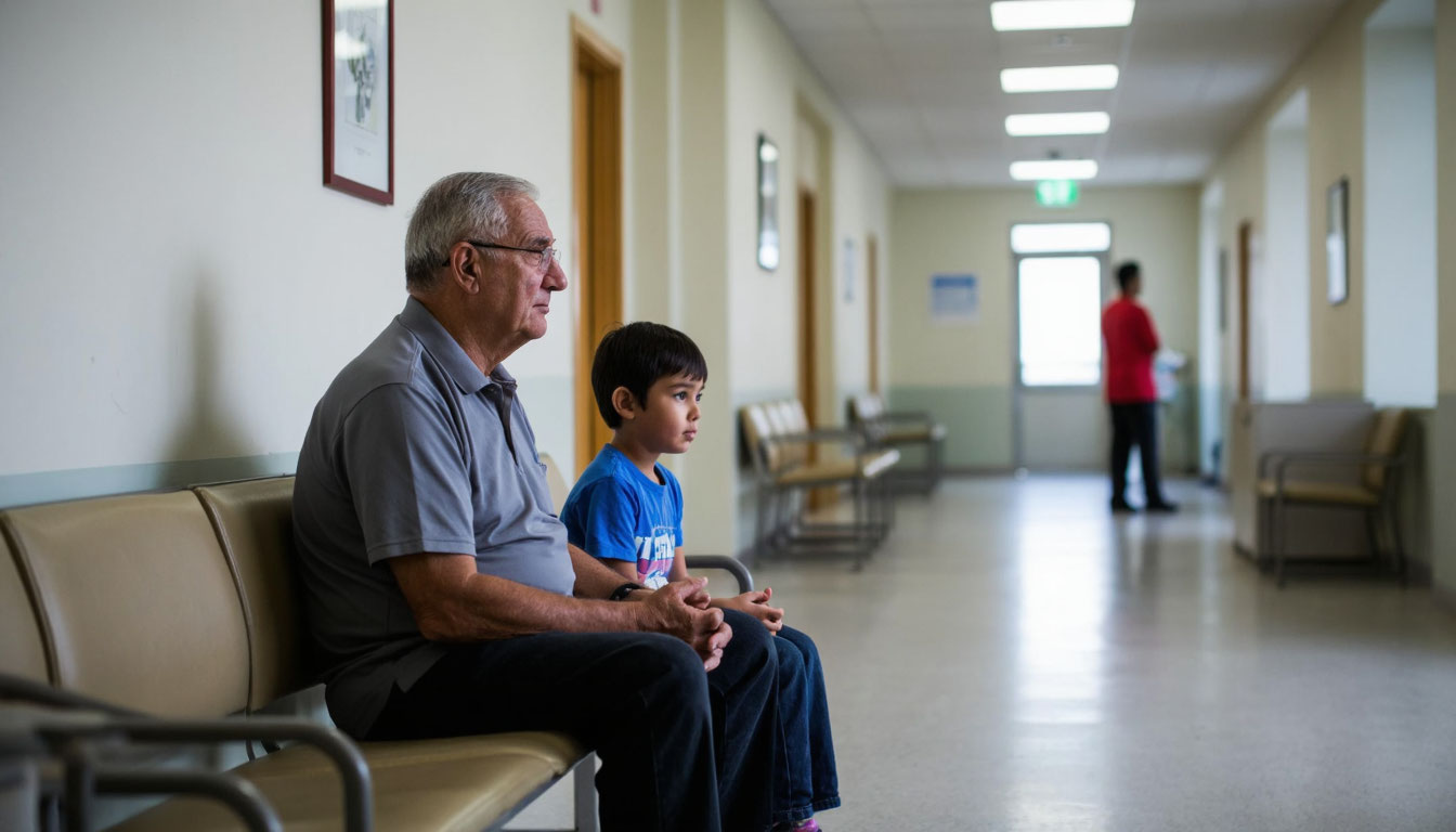 Пожилой мужчина и ребенок в фойе клиники.