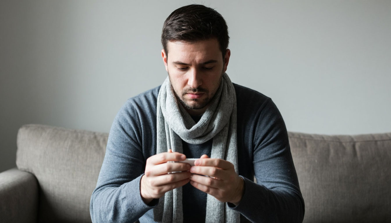 Мужчина с больным горлом и градусником в руках.