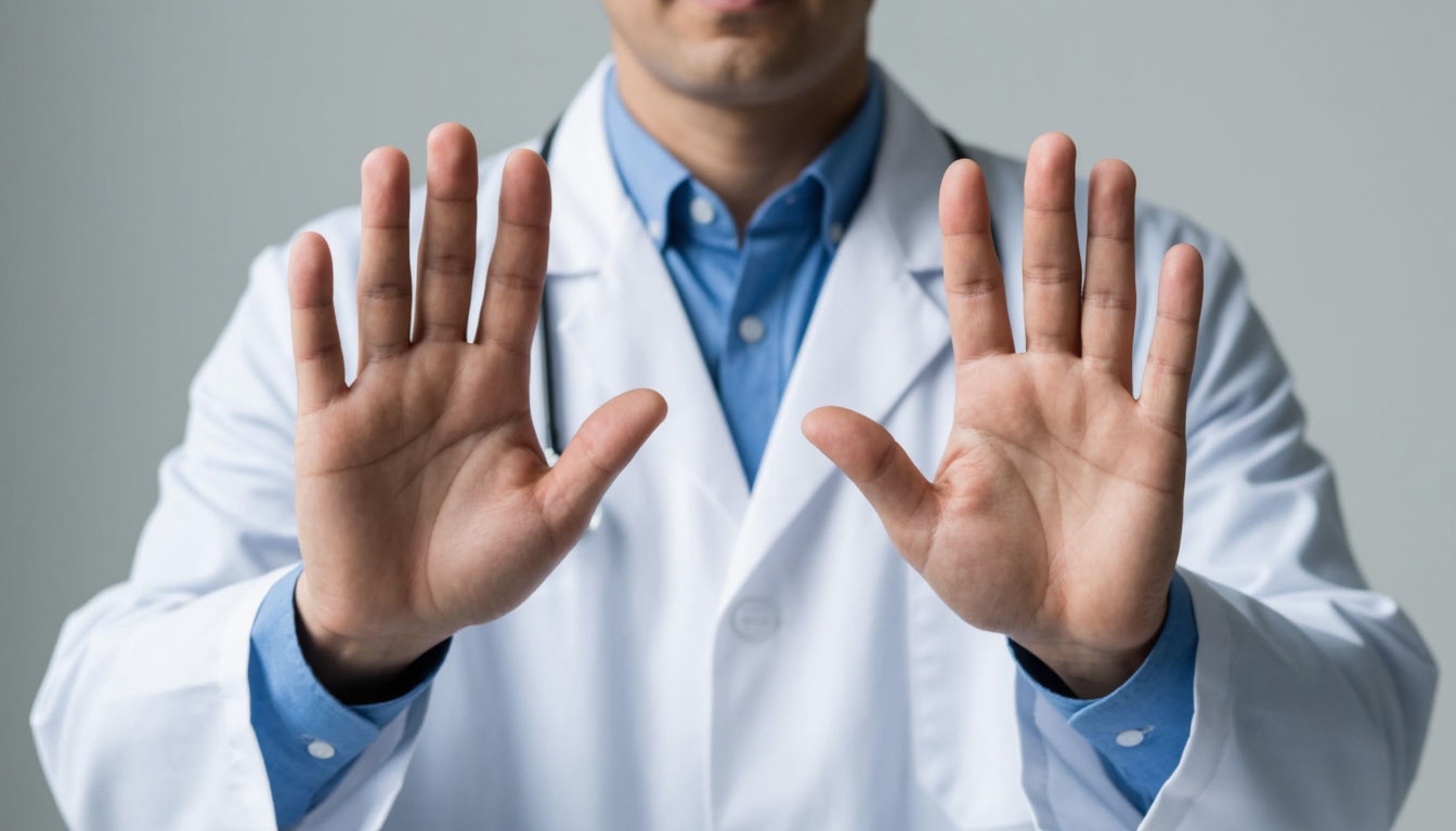 Врач показывает стоп руками.