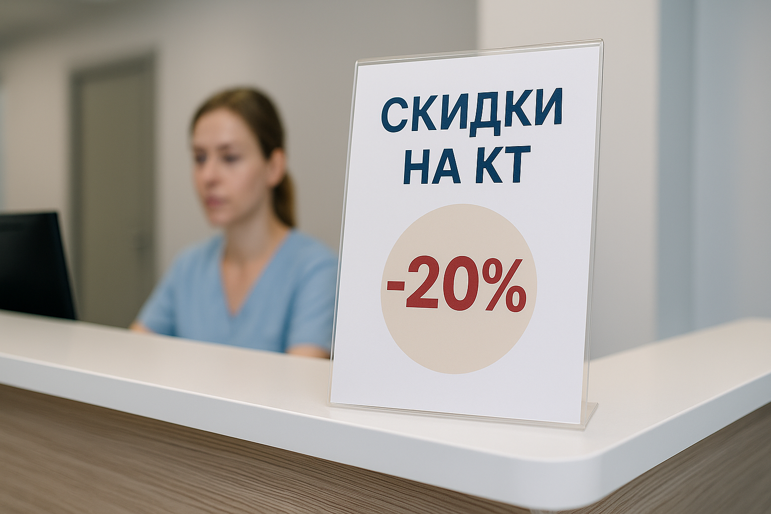 Объявление о скидках на КТ на стойке администратора.