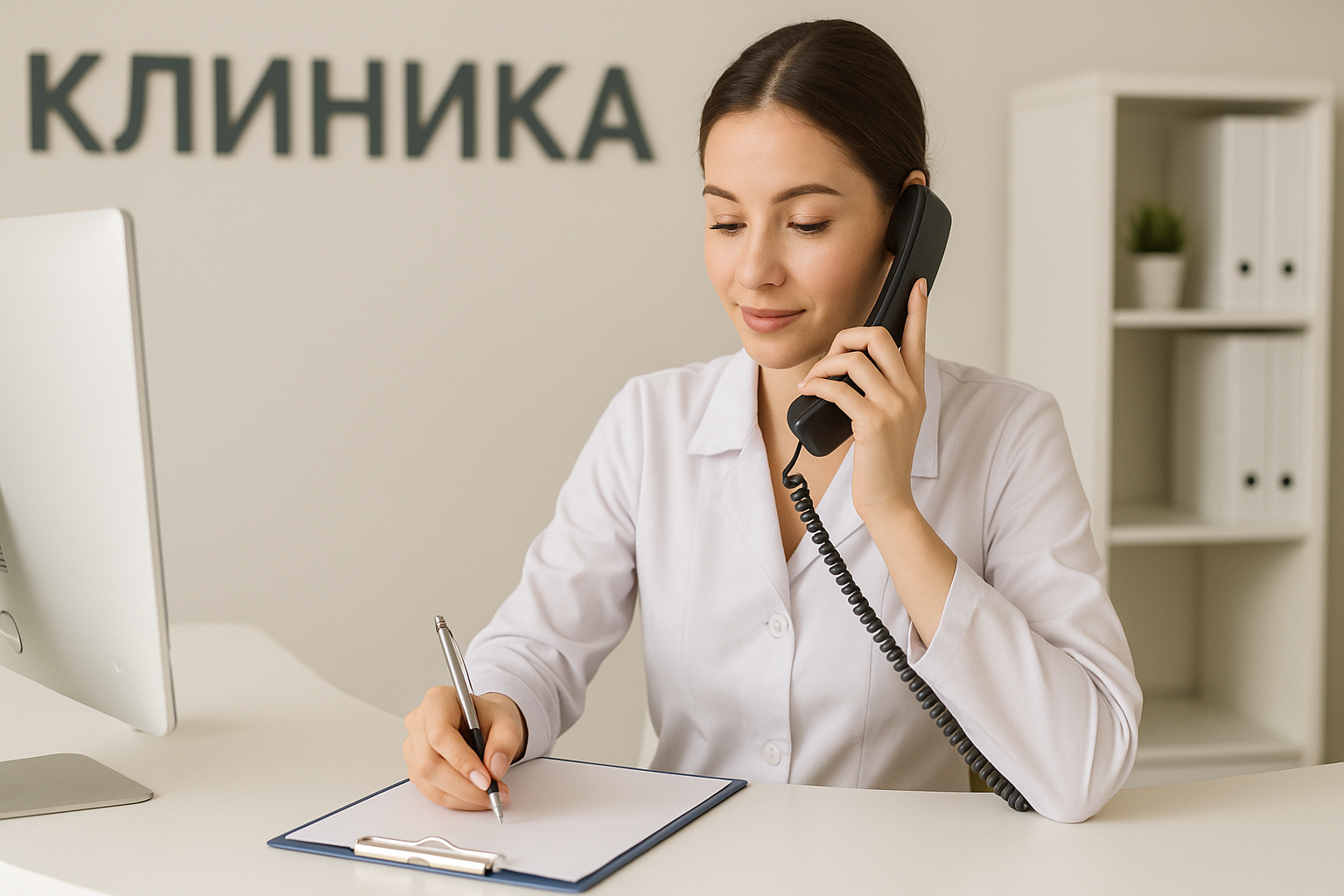 Администратор клиники разговаривает по телефону и делает записи.