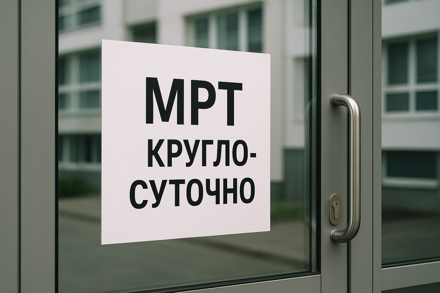 Объявление на двери клиники о круглосуточном проведении МРТ.