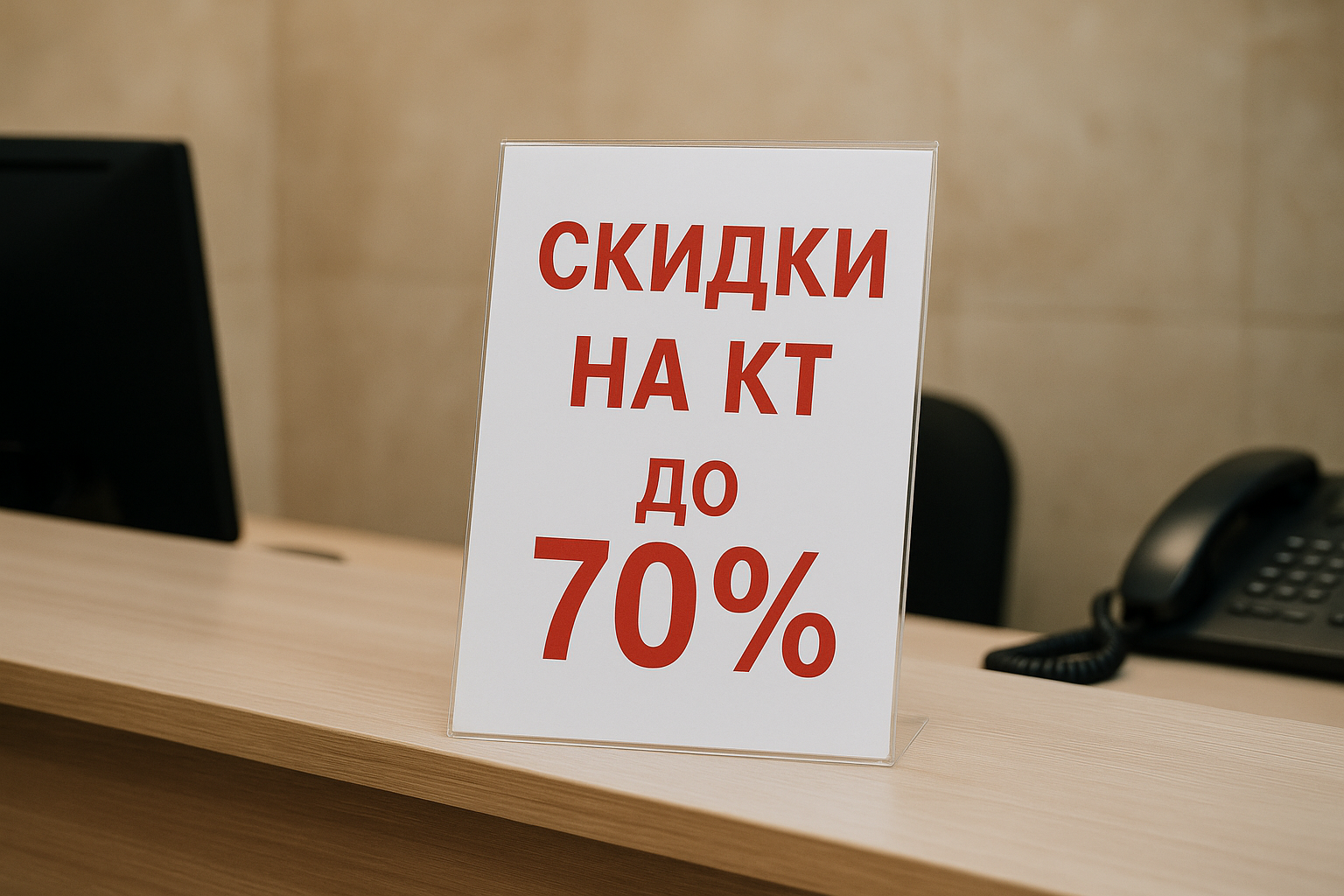 Объявление о скидках на КТ до 70% на стойке администратора.