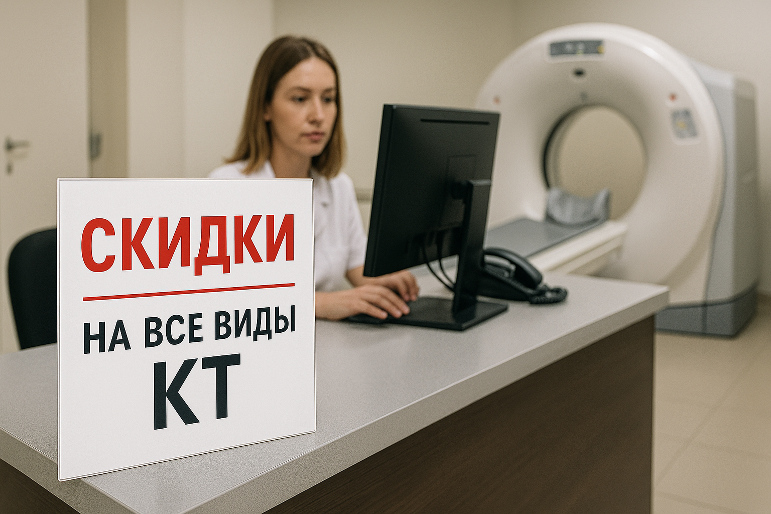 На столе администратора объявление "Скидки на все виды КТ".
