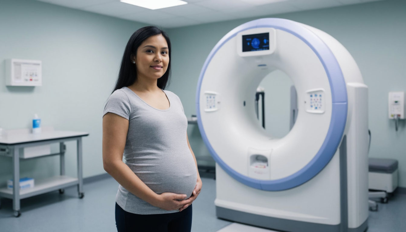 Беременная женщина в кабинете компьютерной томографии.