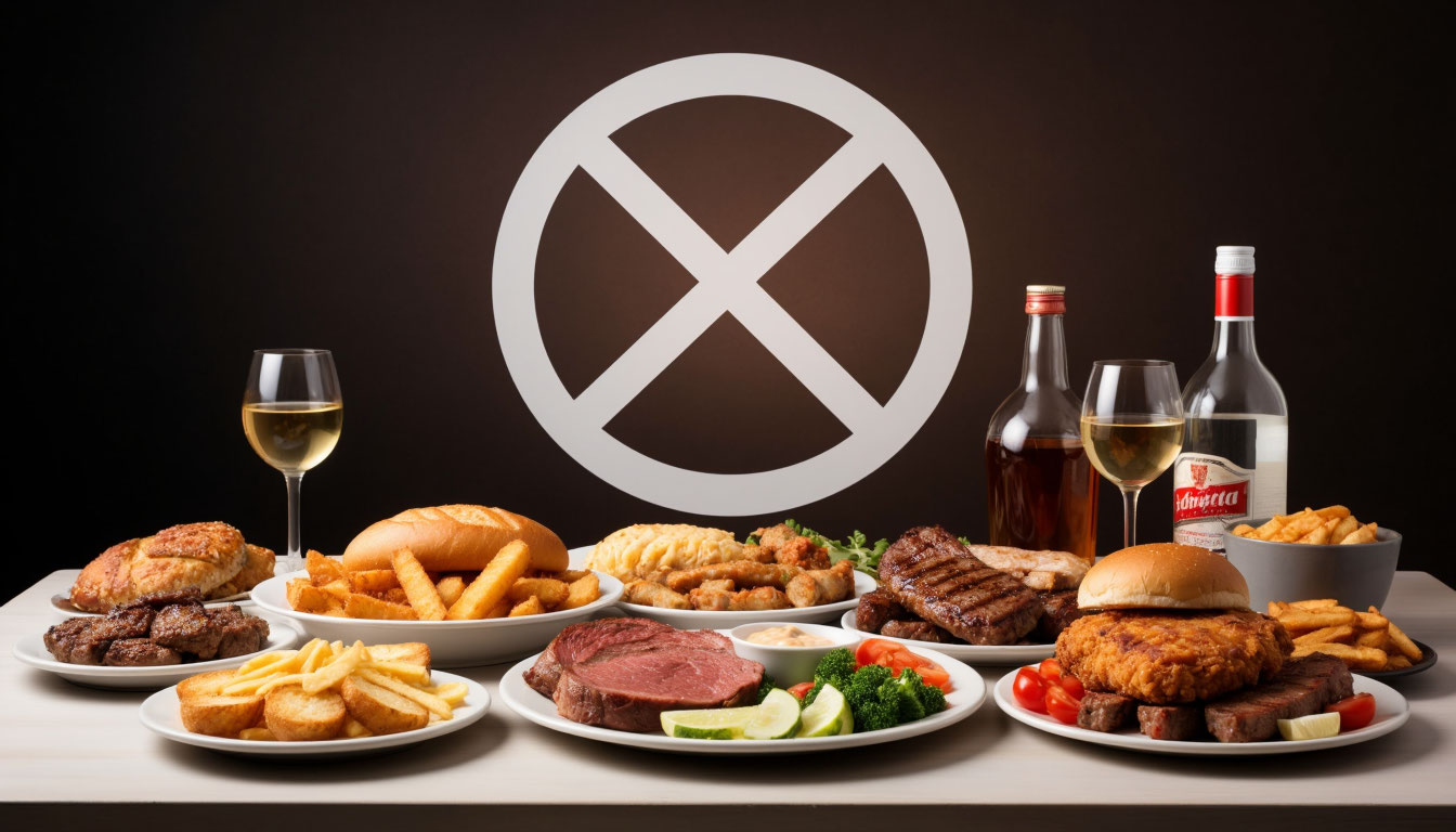 Знак запрета на жирую пищу и алкоголь.