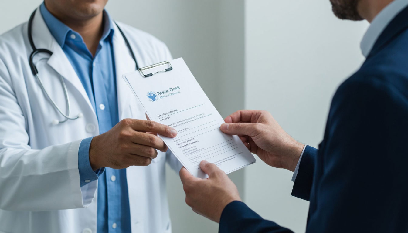 Врач выдает медицинские документы.