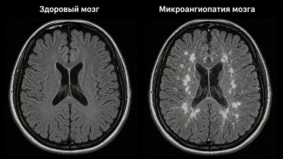 Сосудистая микроангиопатия на снимках МРТ в сравнении со здоровым мозгом.