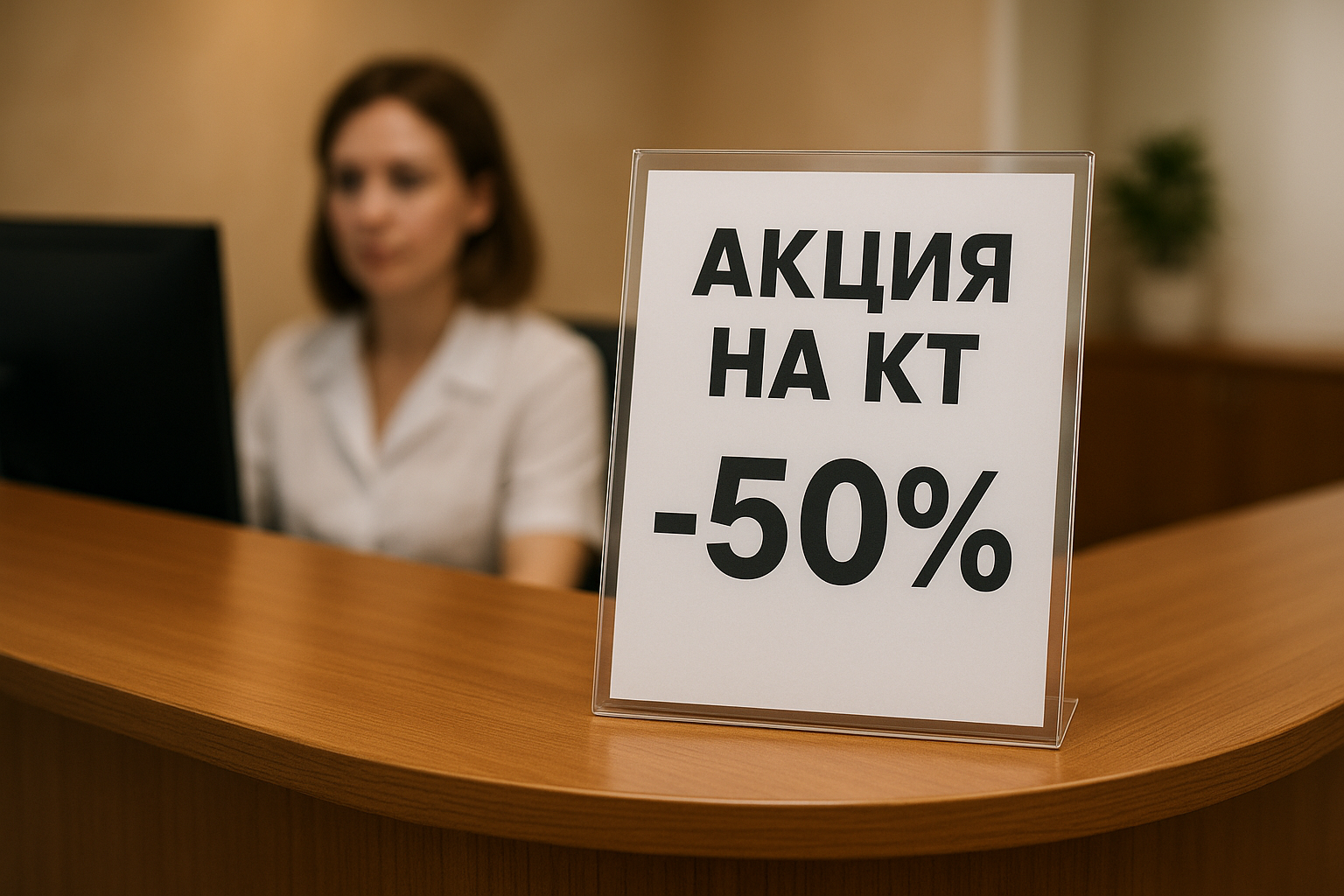 Объявление об акции на КТ на стойке администратора.