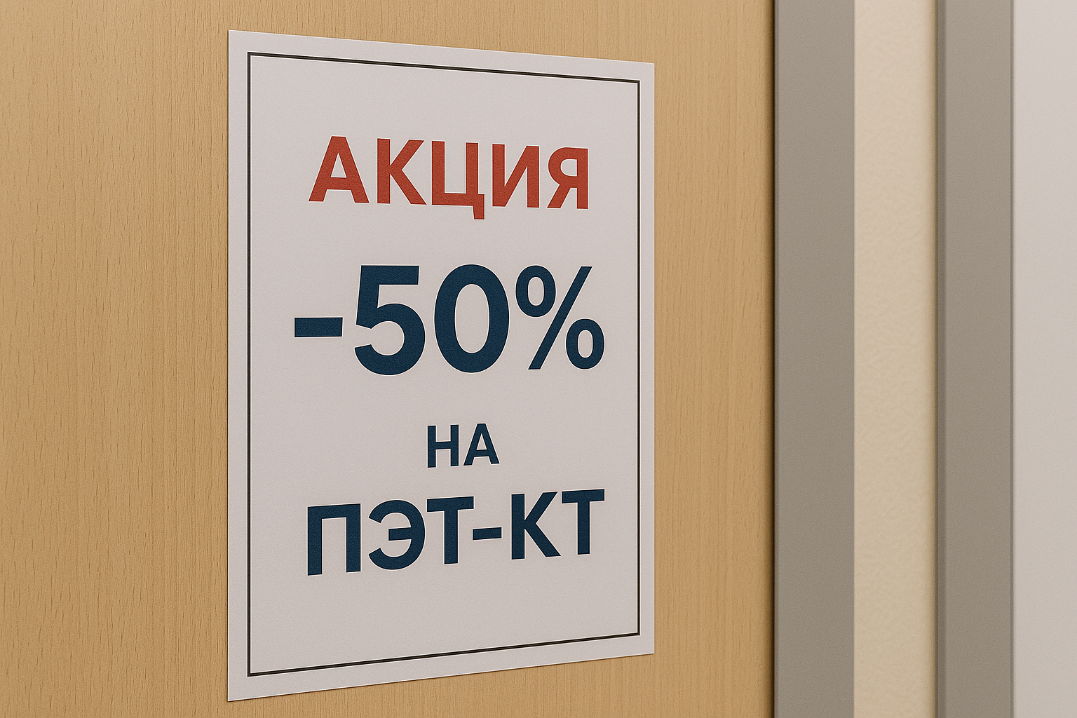 Объявление о скидке 50% на ПЭТ-КТ.